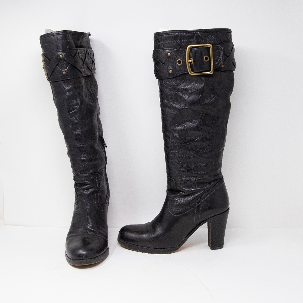 Coach Meadow Genuine Leather C Logo Embossed Print Buckle High Heel Boots Shoes